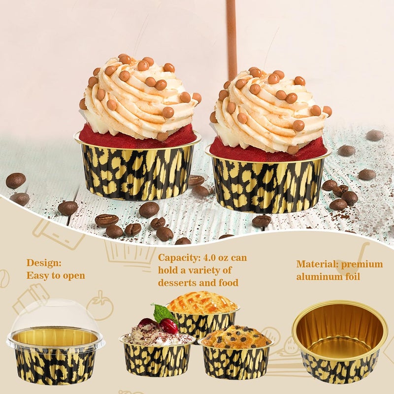 BAKINGPAK Aluminum Foil Baking Cups with Lids, 50PCS 4OZ Mini Cake Pans with Lids Cupcake Liners with Lids Individual Cupcake Containers for Birthday Children Party, Gold Leopard Print - Image 5